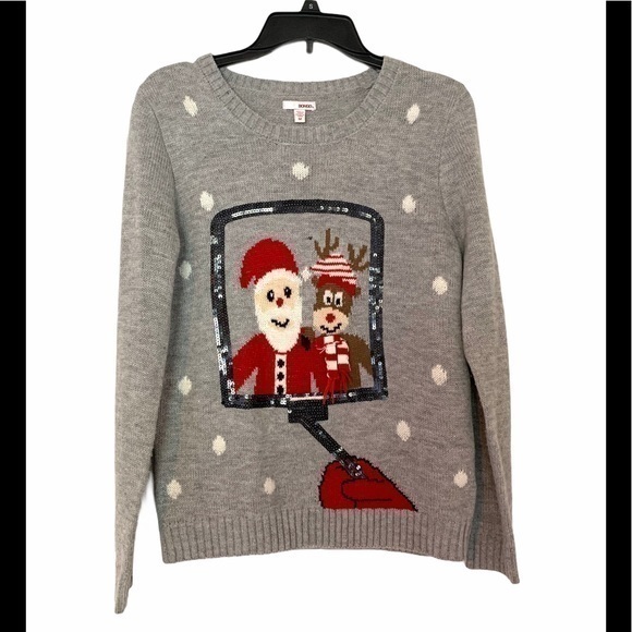 Bongo Ugly Christmas Sweater Embellished Santa Deer Grey Red Size M - Picture 1 of 9